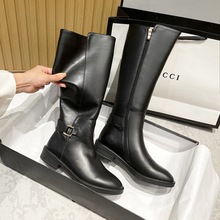 2025秋冬新款低跟粗跟侧拉链长筒靴女欧美大码外贸不过膝高筒女靴