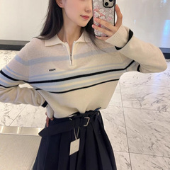 半拉链翻领条纹长袖针织衫毛衣女韩系ins风软糯百搭入秋新款女装