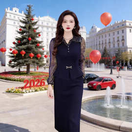 2026春季新款假两件连衣裙女显瘦修身中长款气质妈妈遮肚裙子