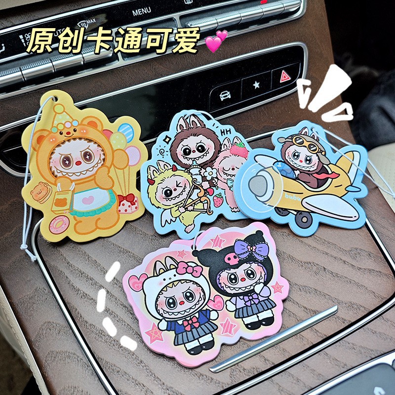 Cute Labubu Fragrance Tablets, Rearview Mirror Car Air Freshener Pendant, Car Hanging Ornament, Odor Eliminating Fragrance Card