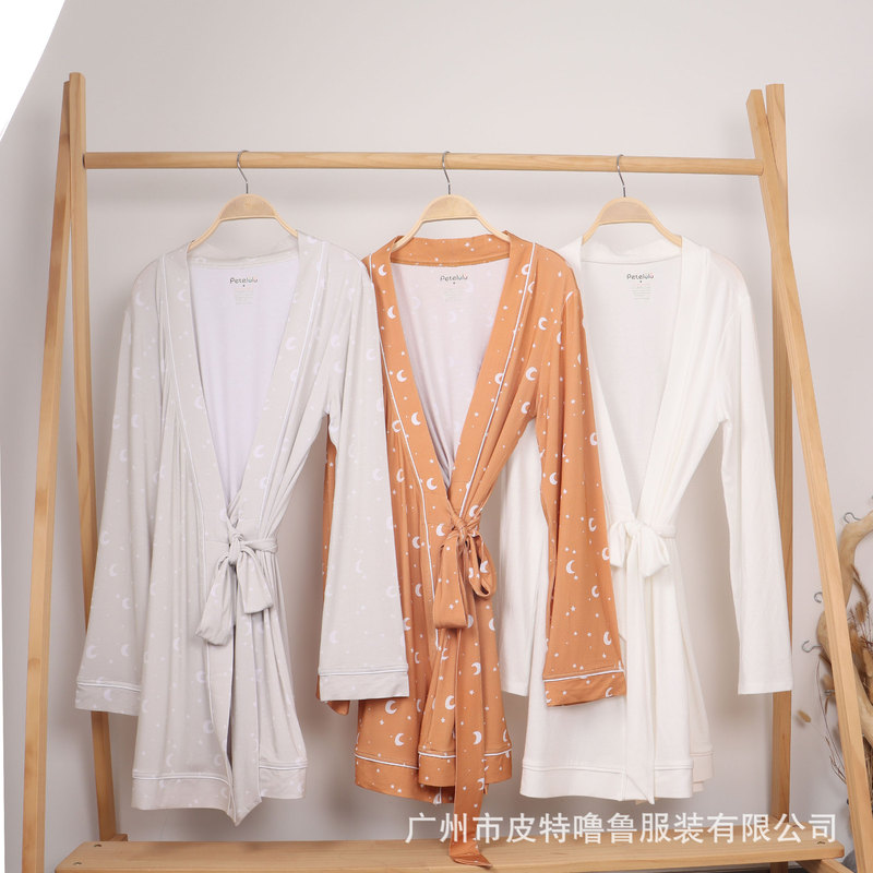Moon Pattern Satin Nightgown Women's Robe Letter Graphic Luxury Bamboo Fiber Nightwear Morning Gown Sleepwear