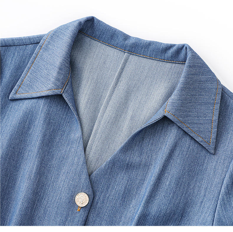 Váy liền denim sơ mi kiểu Pháp thắt eo thanh lịch — Màu xanh lam nhạt chi tiết 17