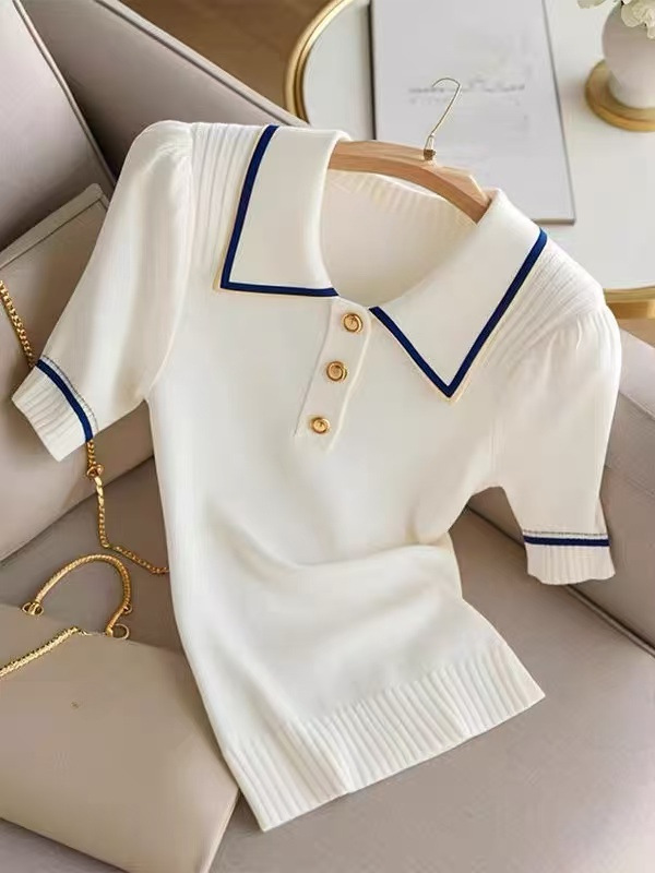 Women's Korean Style Color Block Striped Collared Short Sleeve T-Shirt Youthful Knitwear Top For Summer_ecoleips.com