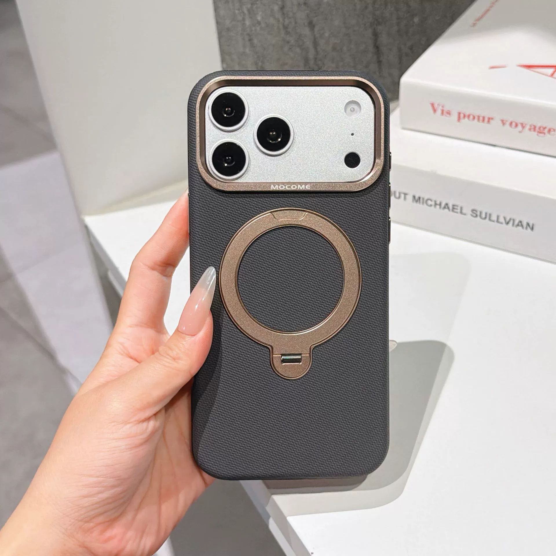Ốp lưng da iPhone 16/17 Pro Max có vòng xoay 360 độ, nam châm hút, chống sốc viền dày — Đen, Nâu, Tím, Xanh dương