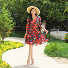 夏季新红色繁星印花雪纺纱拼接飘逸大摆裙清新甜美收腰绑带裹身裙