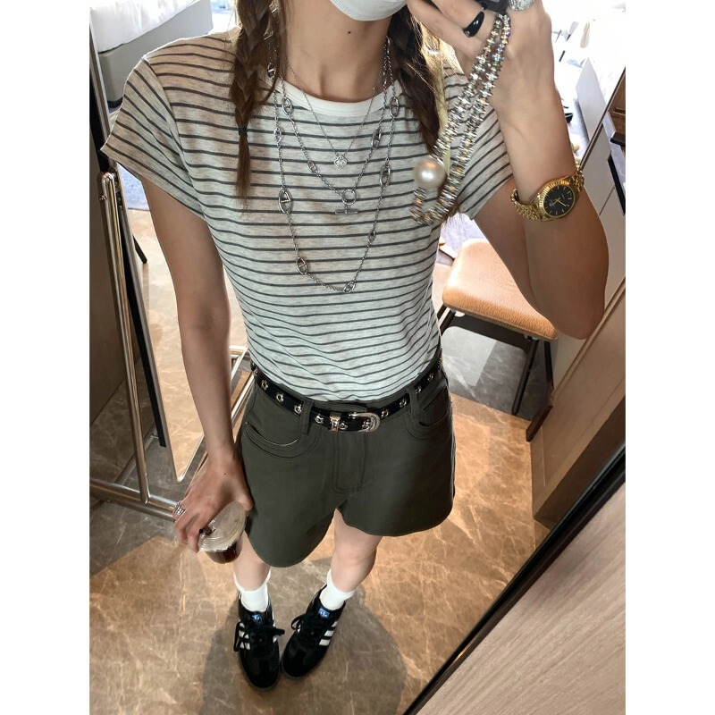 Trendy Blogger Style Korean Age-Reducing Color-Block Striped Round-Neck Slim-Fit Short-Sleeve T-Shirt Mq1443 Trendy Blogger Style Korean Age-Reducing Color-Block Striped Round-Neck Slim-Fit Short-Sleeve T-Shirt Mq1443