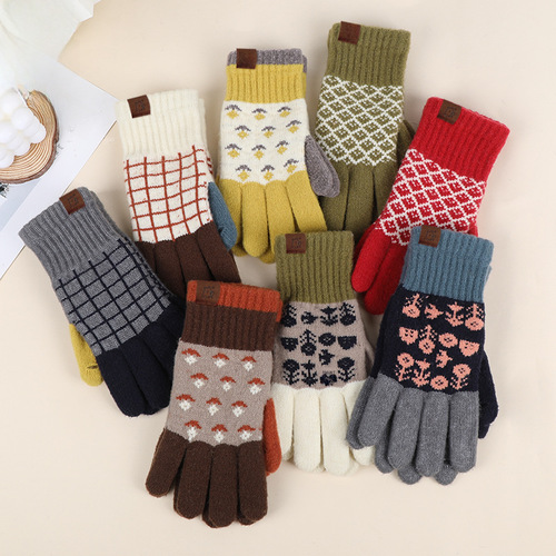 Autumn/Winter New Retro Color-blocking Embroidered Knitted Gloves Women's Warm Touch Screen Woolen Gloves Student Style