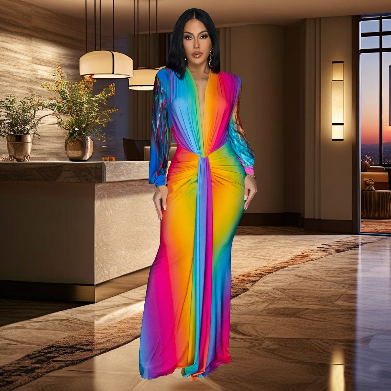C6952 AliExpress transfronterizo Amazon estación independiente de moda europea y americana ropa de mujer de color plegado vestido casual largo image 4