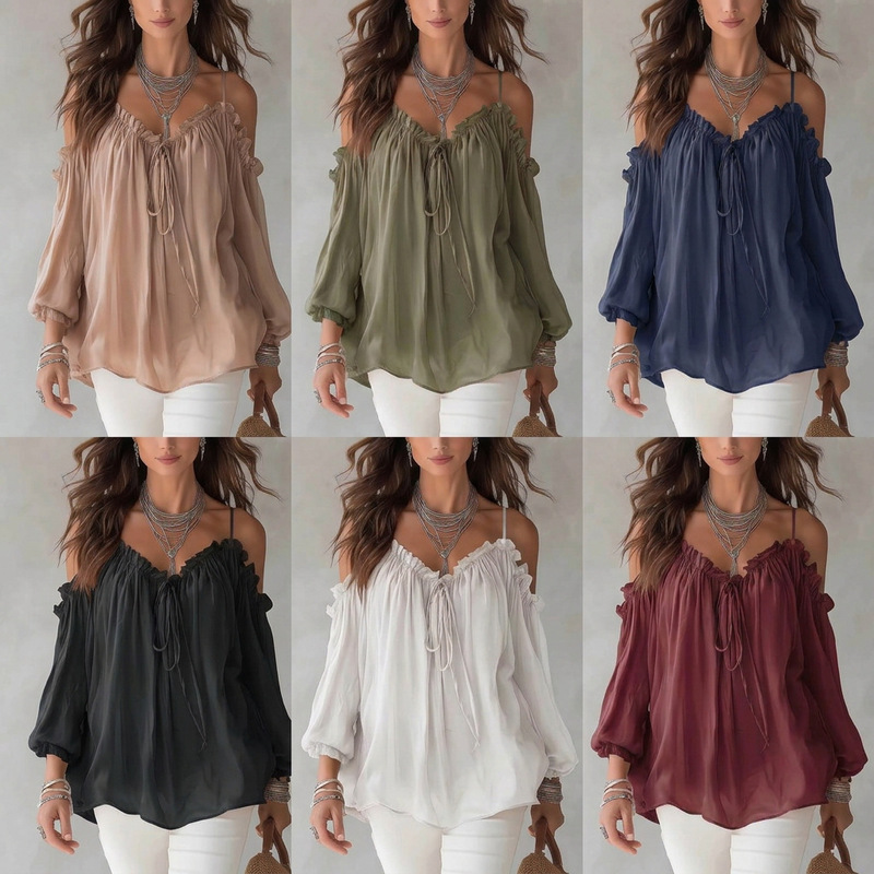 2026 Autumn Women's Shirt European and American Cross-Border New Style Ruffle Collar Casual Strapless Tie-Up Top 2026 Autumn Women's Shirt European and American Cross-Border New Style Ruffle Collar Casual Strapless Tie-Up Top