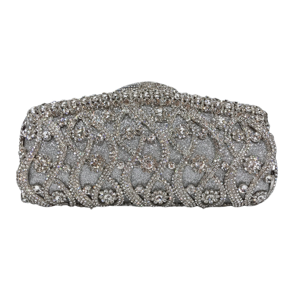 Túi clutch nữ dạ hội đính kim cương, cầm tay kim loại rỗng đính đá, có dây xích — Nền vàng kim cương trắng, Màu bạc, Đế Vàng Kim Cương, Màu đen