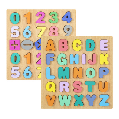 Cross-border wooden Montessori early education toy with 26 English letters and numbers embedded, grab and match 3D puzzle board