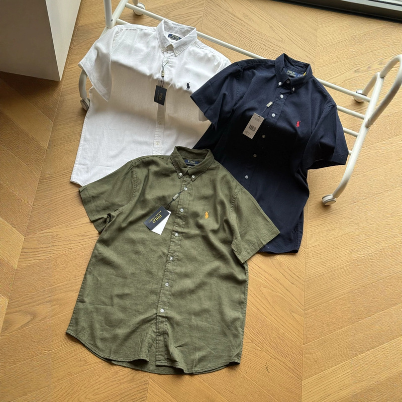 Cross-Border Trade Rl Ralph Cotton and Linen Short-Sleeve Shirt with Pony Embroidery, Unisex Summer Style, Available on Instagram, Can Be Scanned for Purchase