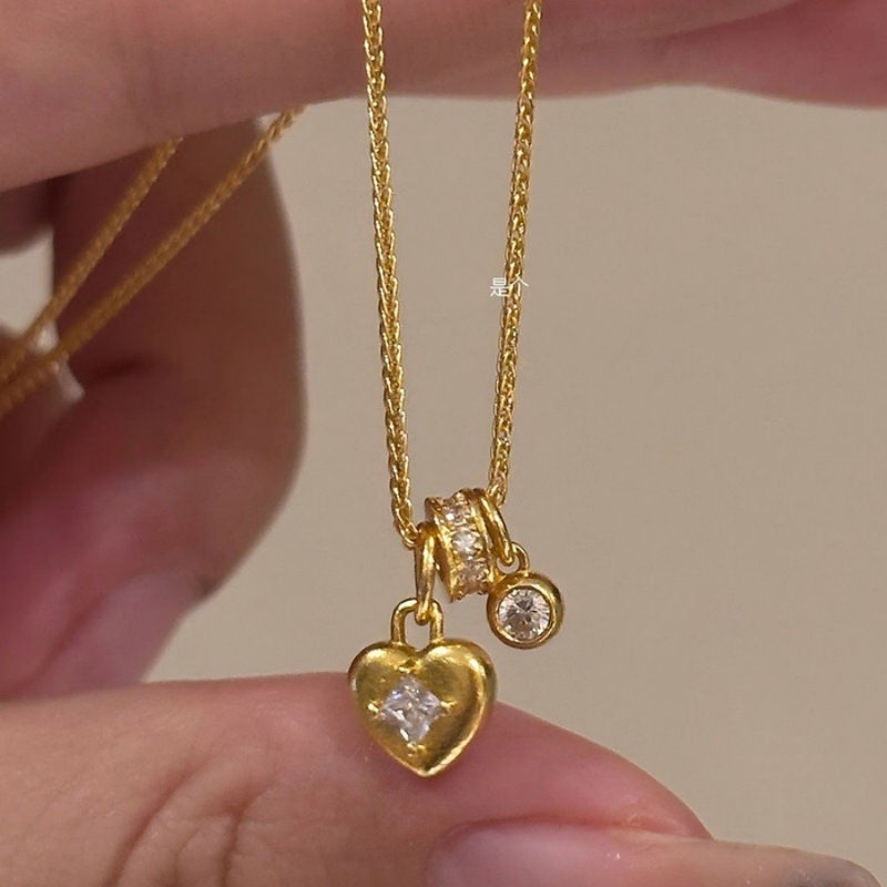 中古金色拉丝锆石爱心锁项链小众设计轻奢高级吊坠气质精致锁骨链|undefined