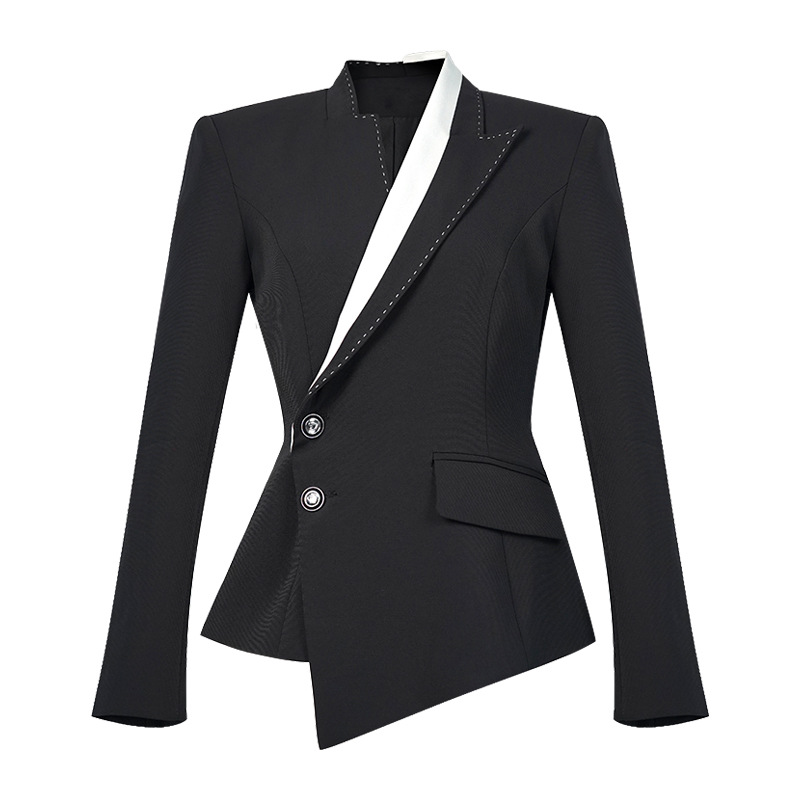 Áo vest blazer nữ thiết kế bất đối xứng phối đen trắng tương phản, kiểu dáng mới xuân hè — màu đen
