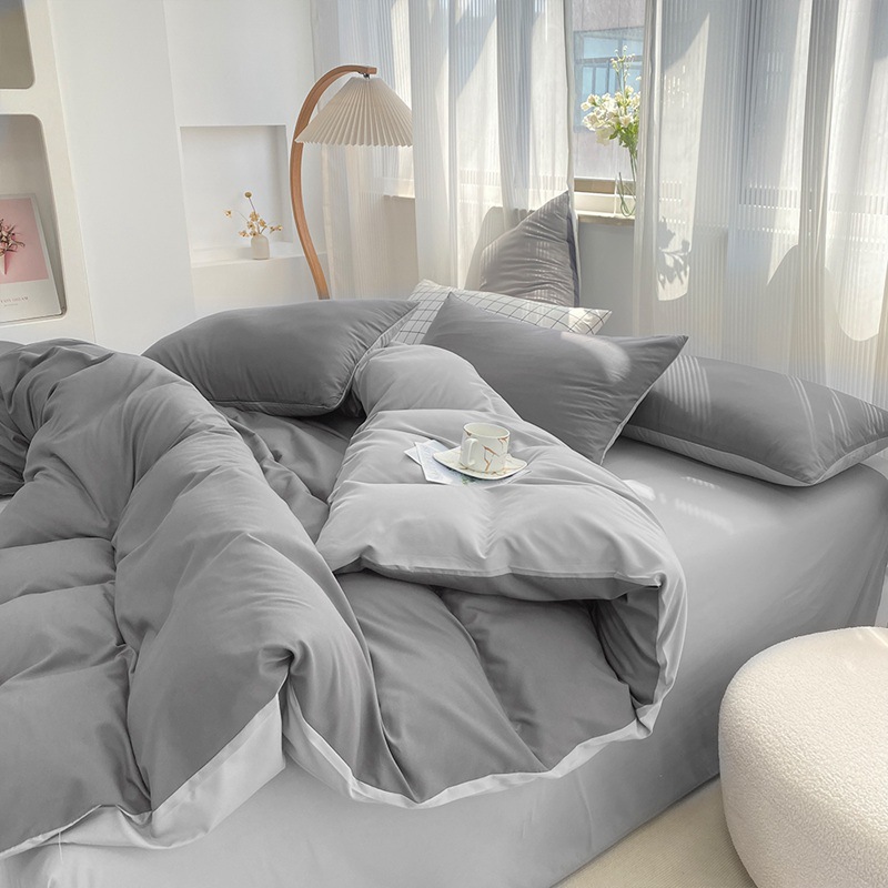 Washed Cotton Duvet Cover Set Simple Solid Colour Bedding Set_voghion.com