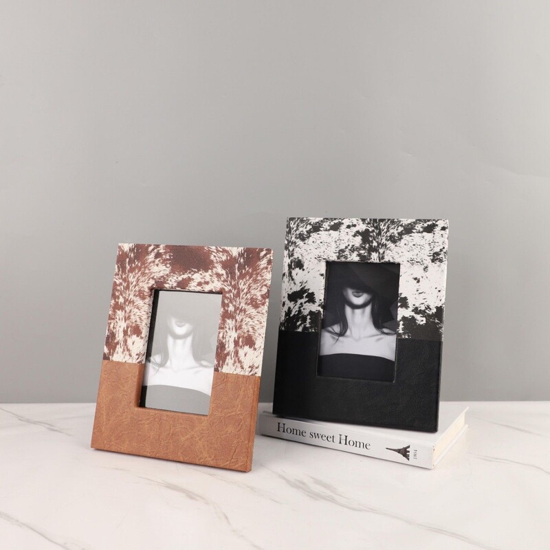 Light Luxury Imitation Horsehair Leather Splicing Photo Frame, Desktop Ornament, Living Room and Bedroom Decoration, Acrylic Display Stand