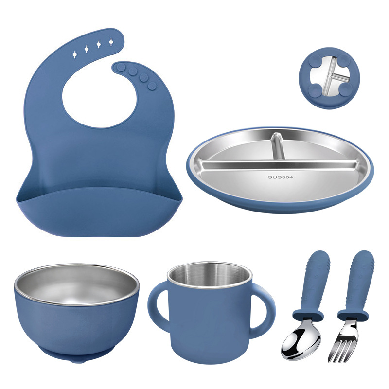 다크블루 (턱받이 + 스테인리스 디너접시 + 스테인리스 원형그릇 + 스테인리스 더블이어컵 + 스테인리스 디지털 포크&스푼)
