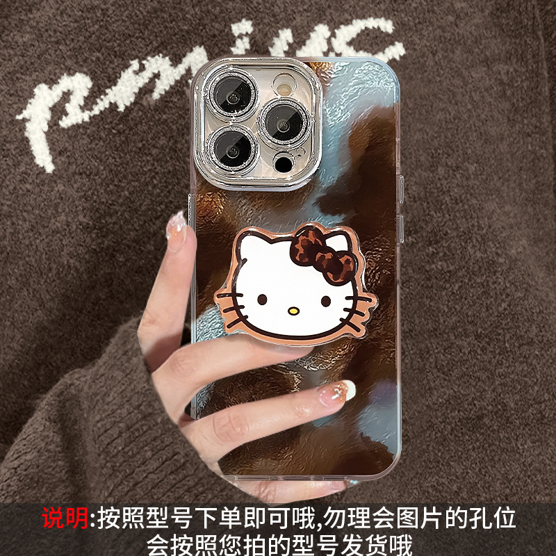 适用苹果16复古手机壳iphone14pro纹kt猫支架挂绳13高级感15max女|undefined