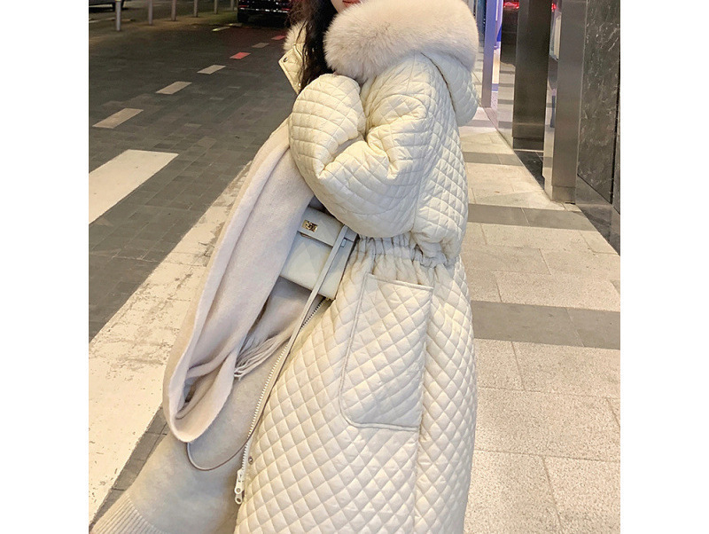 Down jacket women's 2024 new winter fur collar hooded diamond lattice waist long 90 white duck down coat Down jacket women's 2024 new winter fur collar hooded diamond lattice waist long 90 white duck down coat