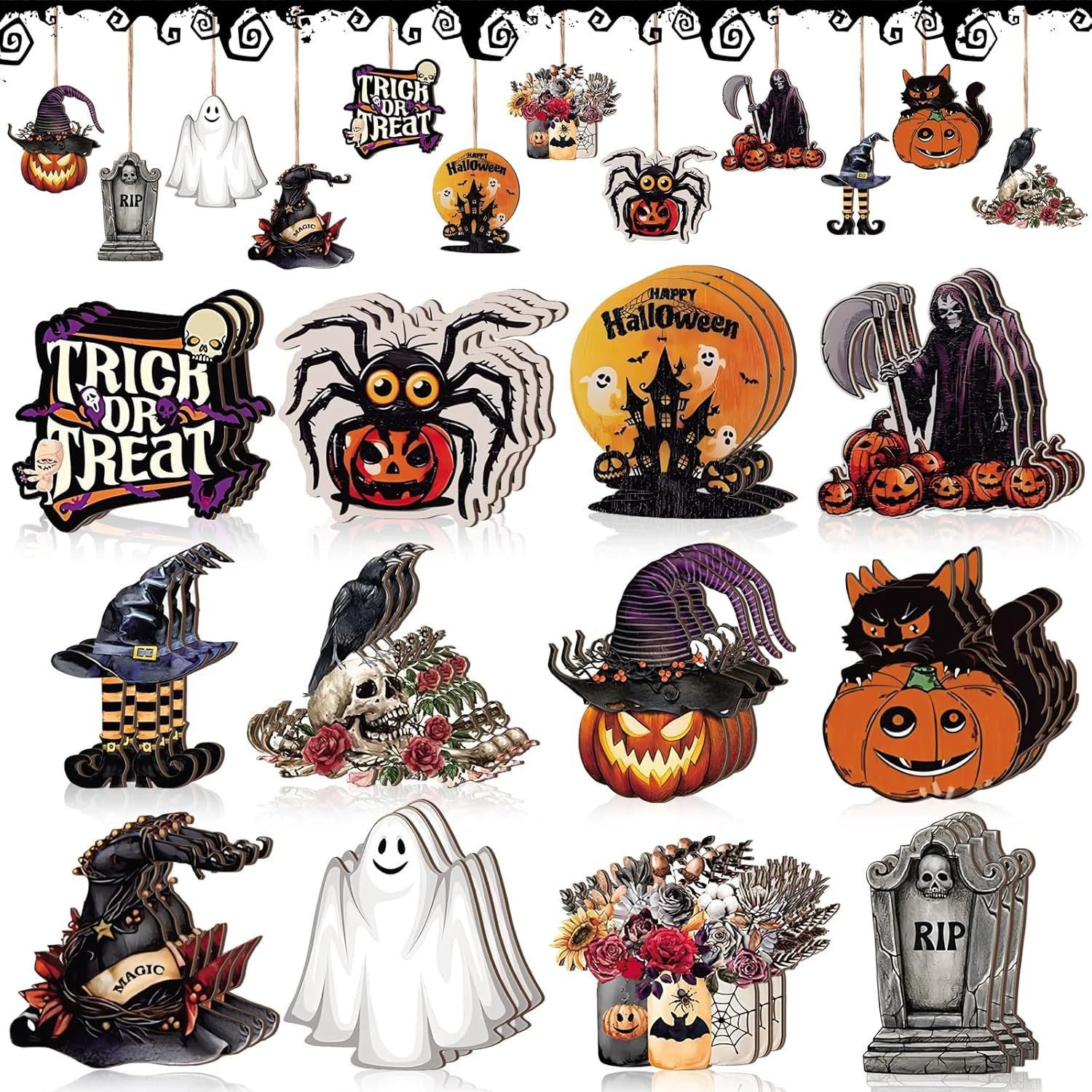 36 штук деревянных подвесок для Хэллоуина в виде черного кота, призрака, ведьмы, летучей мыши, декоративные подвески для елки, деревянные подвески для украшения