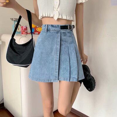 Denim skirts female summer Pleated Mini Skirts ofHigh Waist Pleated Skirts  fat mm pleated students show thin the a-line skirt