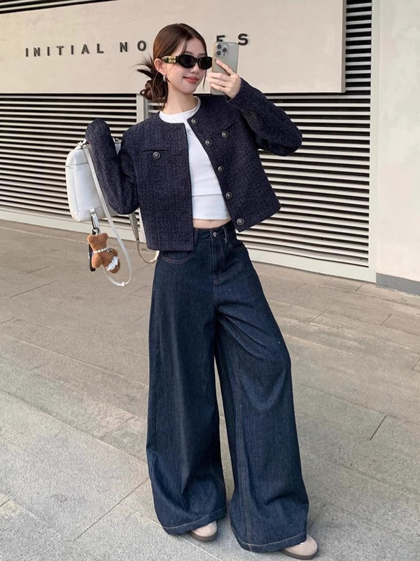 藏蓝色法式小香风松弛感外套女2025秋冬款休闲气质长袖开衫短上衣|undefined
