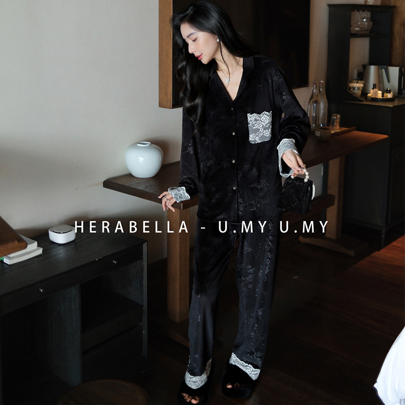 Heralba Winter High-End Accessible Luxury French Lace Lapel Cardigan Island Velvet Pajamas Thickeneded Warm Home Clothes Heralba Winter High-End Accessible Luxury French Lace Lapel Cardigan Island Velvet Pajamas Thickeneded Warm Home Clothes