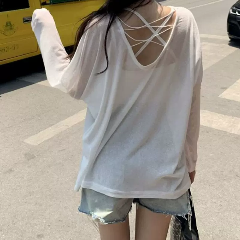 长袖薄款T恤女夏新款设计感小众露背纯欲防晒宽松别致上衣外贸潮