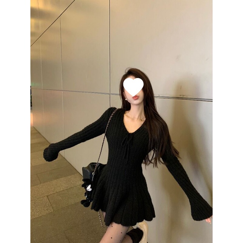 Plus-Size Women's Ballet-Style Mink Fur Long-Sleeve Collared Knit Dress, Pure Desire Spicy Girl Waist-Cinching Short Dress
