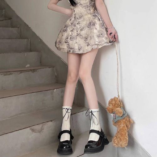 Spring and summer ribbon bow straps soft girl short JK college color-blocked calf socks Lolita white thin cotton socks