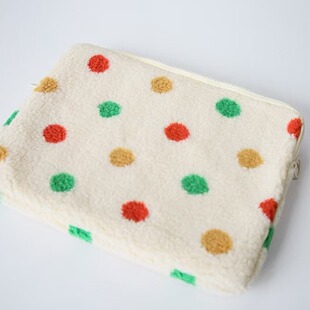 2025 Spring Korean Style Ins Niche Women's High-End Lamb Wool Polka Dot Computer Bag Cosmetics Bag Fashionable and Simple