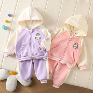 Autumn and Winter Girls' fleece-lined Warm Western Style Fashionable Casual Hooded Sportswear Cartoon Back Rabbit fleece-lined Suit