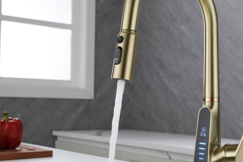 Konishi hydroelectric power digital display kitchen faucet pull-out sink faucet with brushed gold color undefined