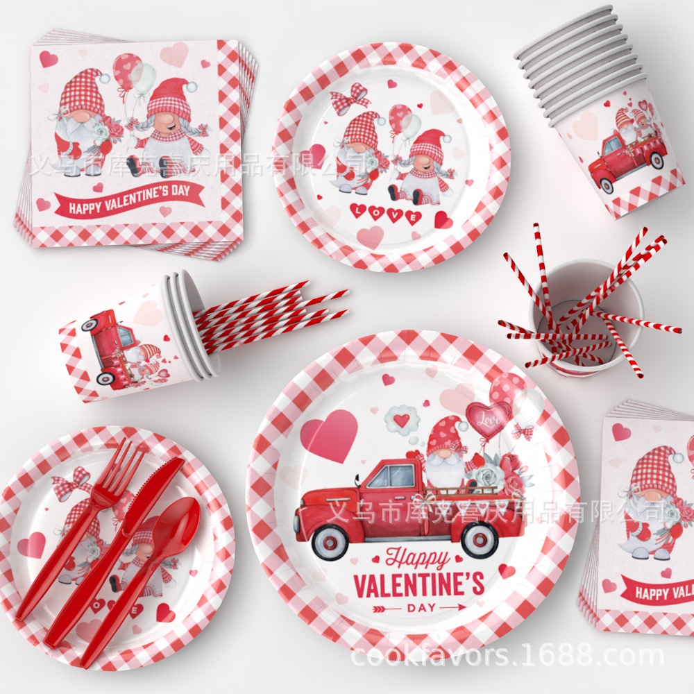 2025 nuevo día de San Valentín amor enano tema fiesta suministros de decoración bandeja de papel desechable vaso de papel toalla de papel vajilla