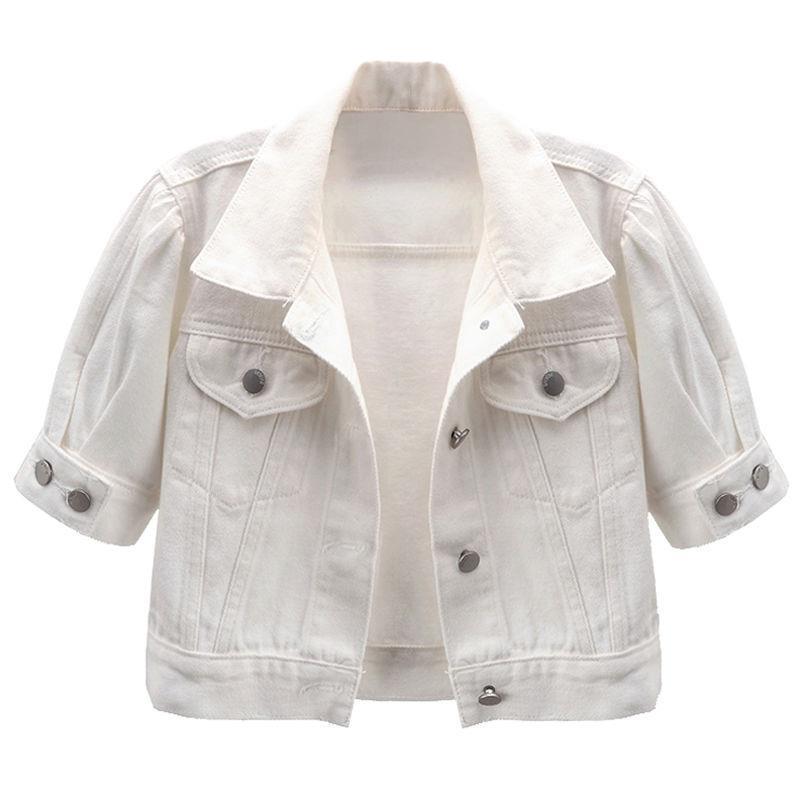 Spring/summer 2022 New puff sleeve short Denim coat women's short sleeve shawl top waistcoat cardigan White