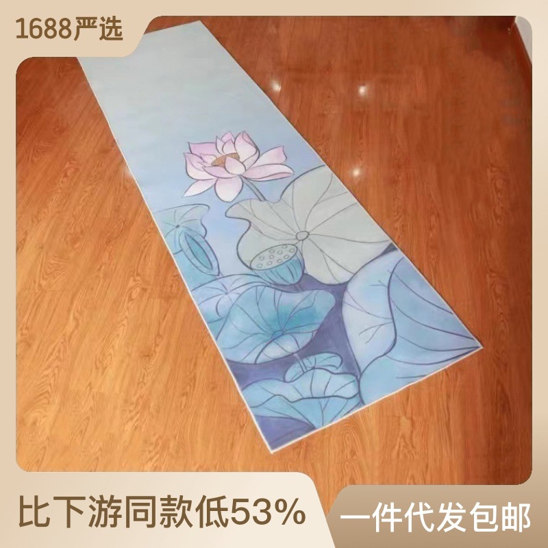 現代中式荷花大拜墊家用臥室長條禮拜墊順滑水晶絨大尺寸蓮花地毯