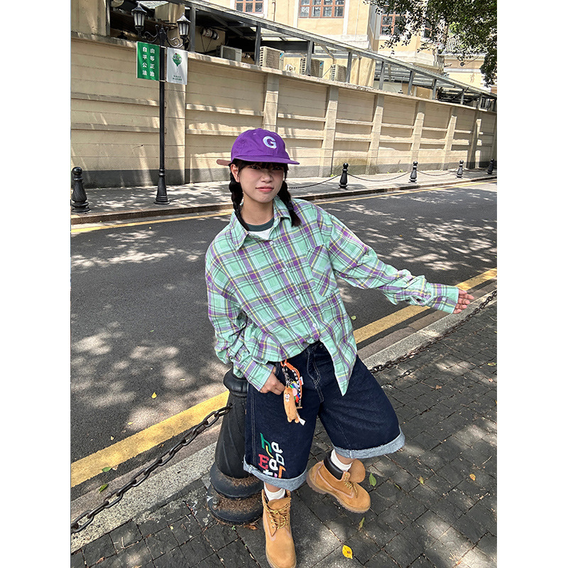 American retro contrasting plaid long-sleeved shirt for women in spring and autumn new casual loose versatile trendy brand design jacket