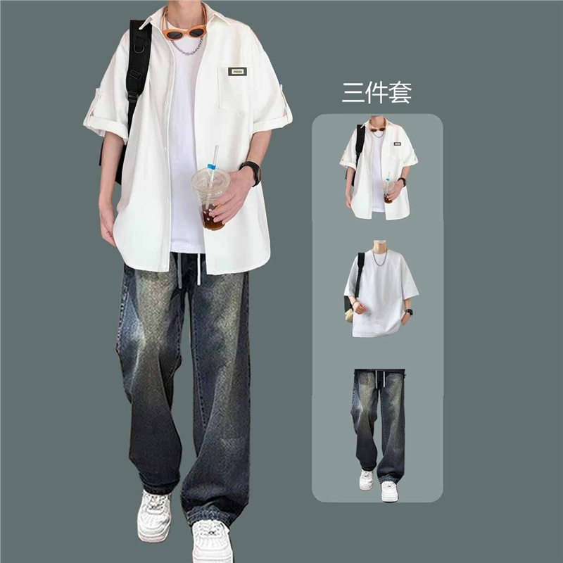 White shirt + short t white + jeans blue 3-piece set