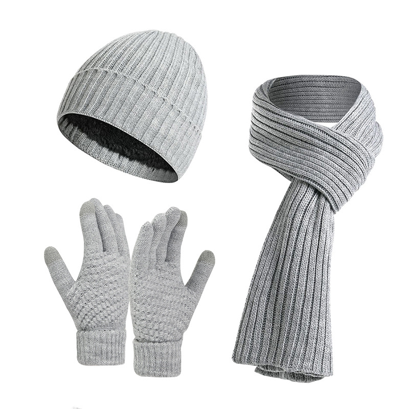 Huivi kolmiosainen lämpöpuku syksyllä ja talvella paksunnettu yksivärinen neulottu villahattu käsineet_voghion.com