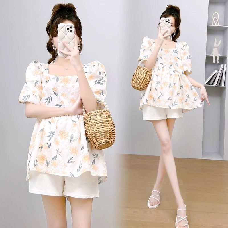 Maternity Wear Summer Suit Fashionable Korean Floral Square Collar Maternity Short-Sleeved Top T-Shirt + Belly Support Shorts Two-Piece Set