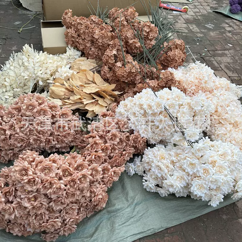 婚庆咖色焦糖色 仿真花美拉德色系 单支绣球路引插花背景装饰叶材