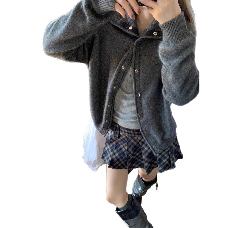 外贸原单高级感高领红色毛衣外套女秋冬慵懒风软糯宽松针织开衫|undefined
