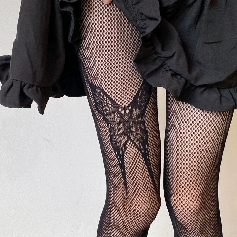 Fishnet Tights, Japanese Style Black, Butterfly Tattoo Pattern, Thin One Size