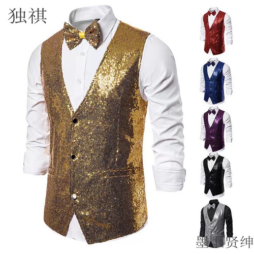 Men's Fashion Stage Performance Suit with Small Spangles, Maje Suit Jacket, Men's Host and Emcee Vest, Studio Vest for Photographers