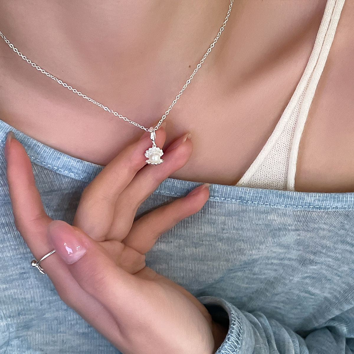 度假風沙灘貝殼珍珠項鍊女高級感小眾純銀鎖骨鏈精緻百搭頸鏈