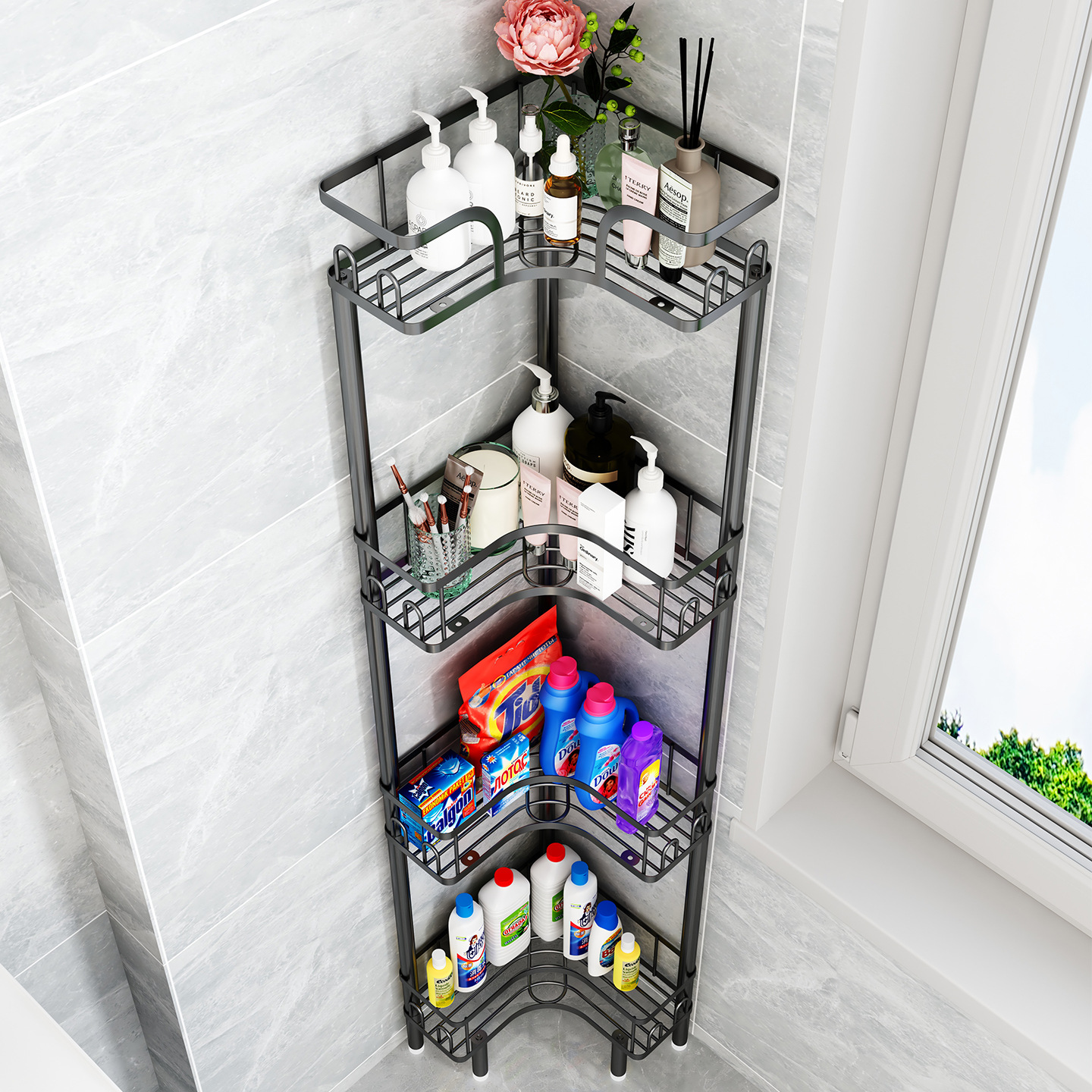 Bathroom Corner Storage Rack, Multi-Layer Toiletries Organizer, Freestanding Shower Room Toilet Corner Shelf