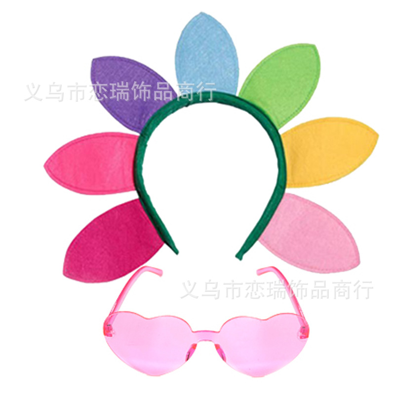 Fiesta de baile Diadema de girasol Color del arco iris Gafas de amor Malla Imagen Falda Pantimedias Combinación Set Spot