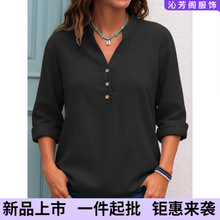 秋冬欧美跨境外贸亚马逊wish新款女装三粒扣V领休闲长袖上衣衬衫