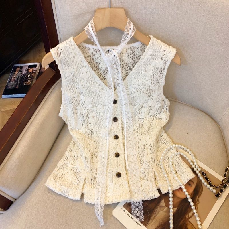 French-Style V-Neck Heavy Crochet Lace Vest for Women, Summer Lace Ribbon Design Unique and Exquisite Top
