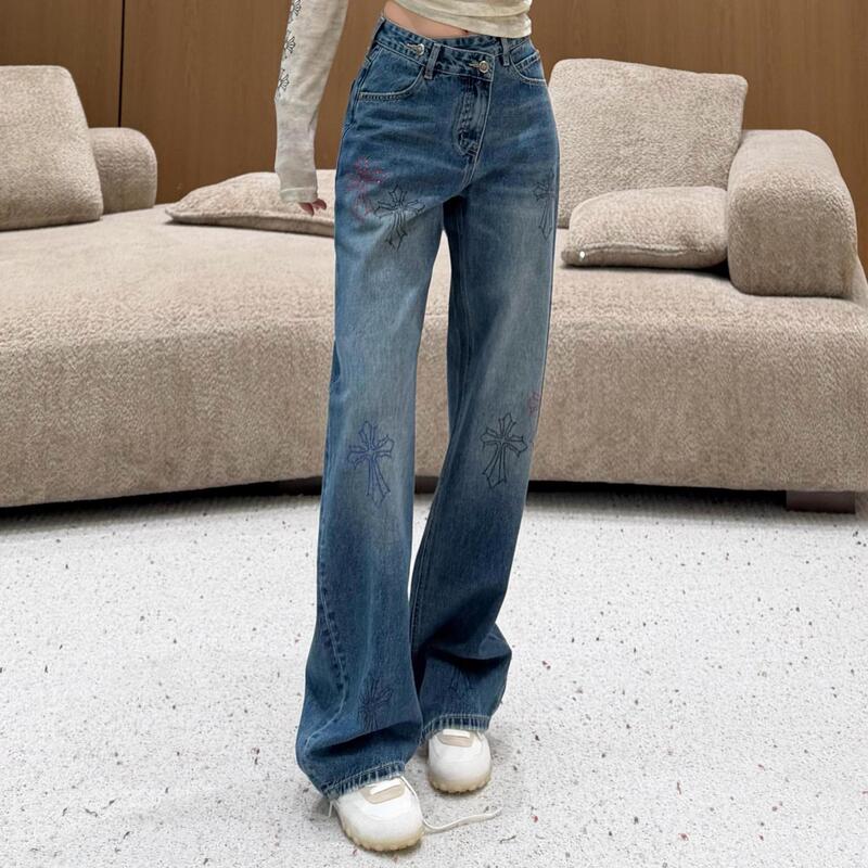 American retro cross-embroidered wide-leg jeans for women, with a diagonal buckle waistband, washed and distressed, loose straight-leg trousers American retro cross-embroidered wide-leg jeans for women, with a diagonal buckle waistband, washed and distressed, loose straight-leg trousers